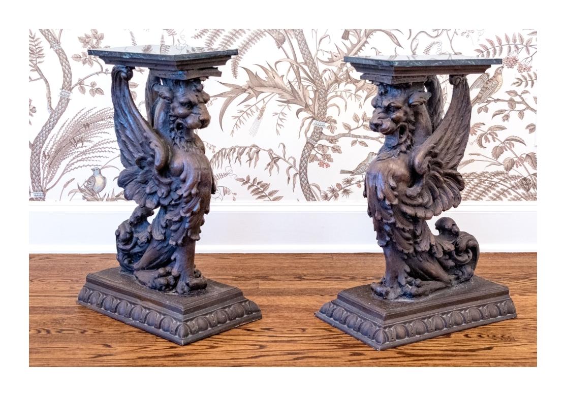 Fine Pair Of Antique Carved Wood Griffin Form Marble Top Side Tables For Sale 11