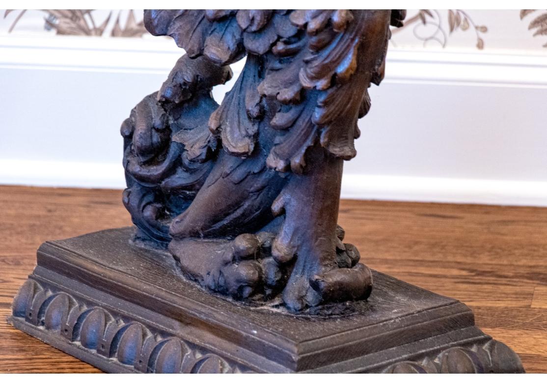 Fine Pair Of Antique Carved Wood Griffin Form Marble Top Side Tables For Sale 1