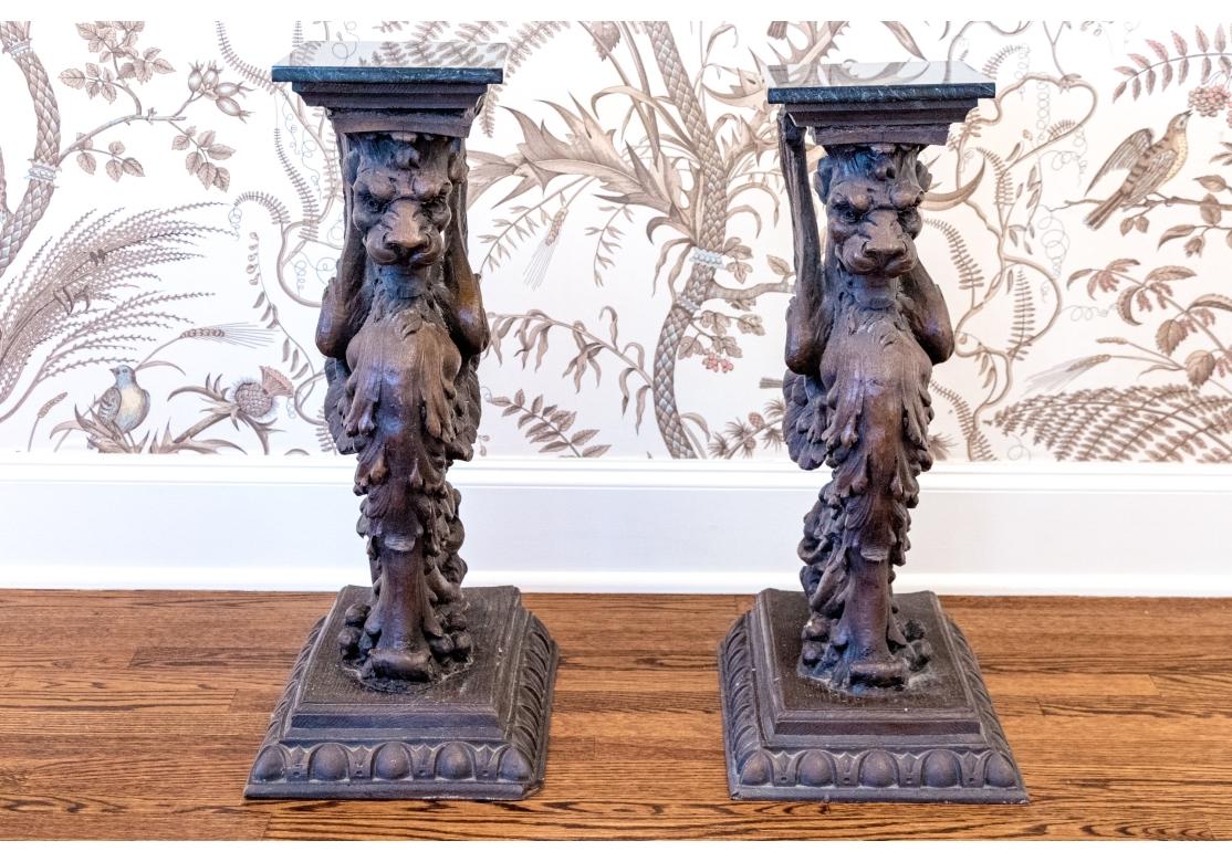 Fine Pair Of Antique Carved Wood Griffin Form Marble Top Side Tables For Sale 3
