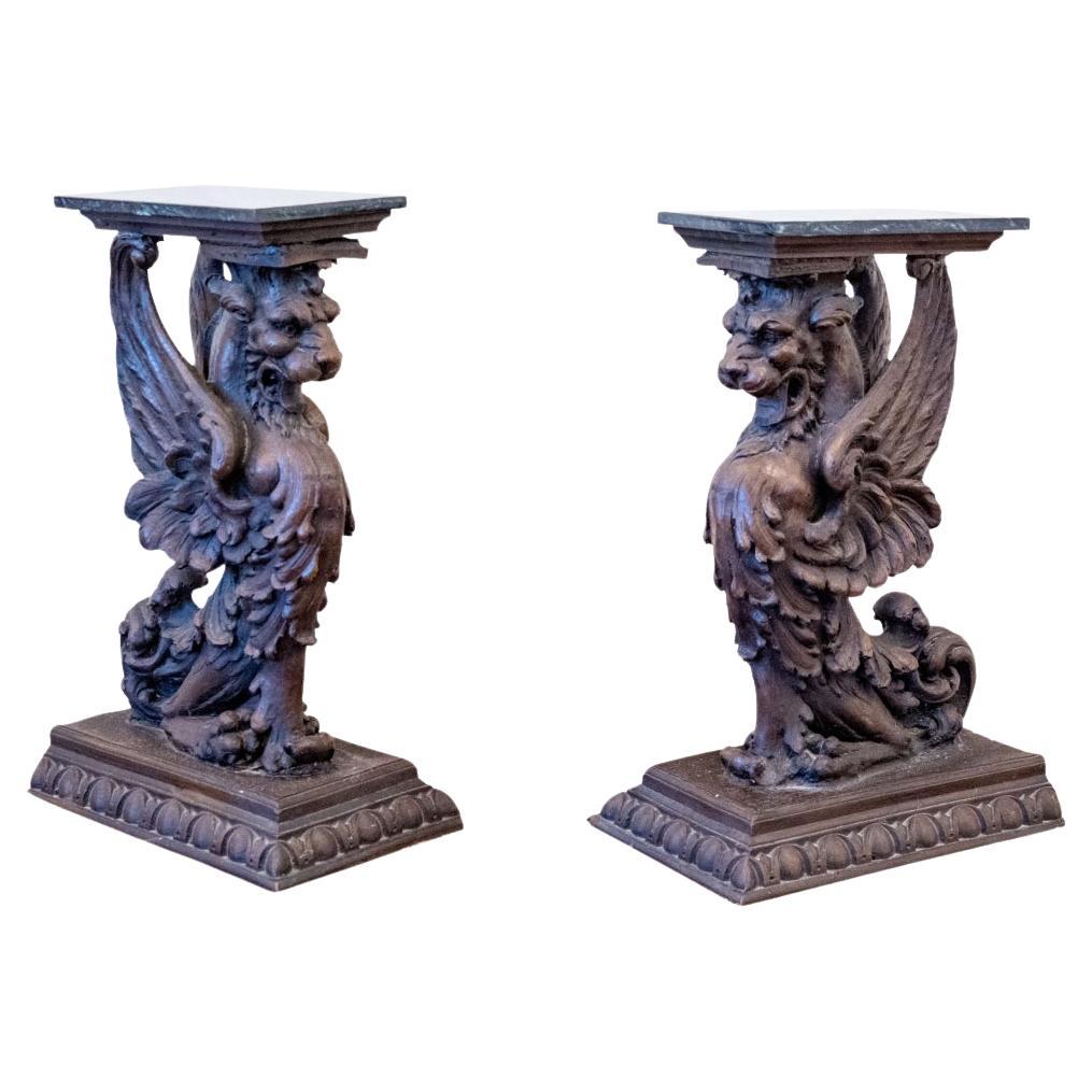 Fine Pair Of Antique Carved Wood Griffin Form Marble Top Side Tables For Sale