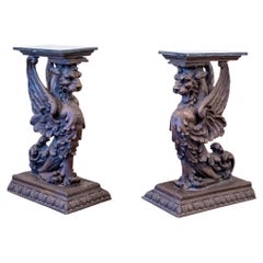 Fine Pair Of Antique Carved Wood Griffin Form Marble Top Side Tables
