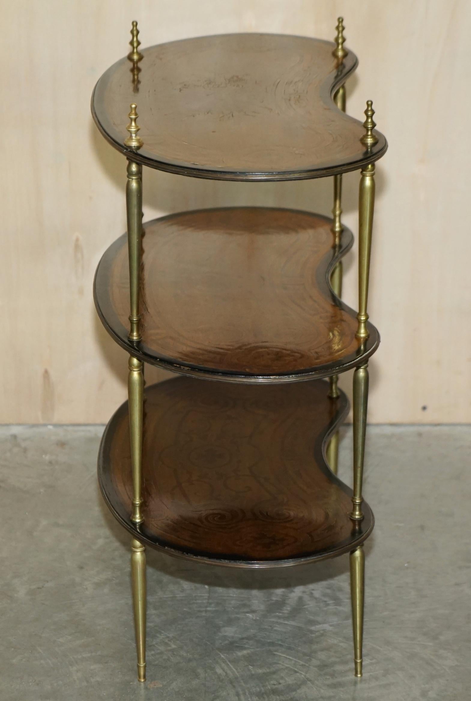 Fine Pair of Antique Continental Three Tier Kidney Shaped Brass Etagere Tables For Sale 4