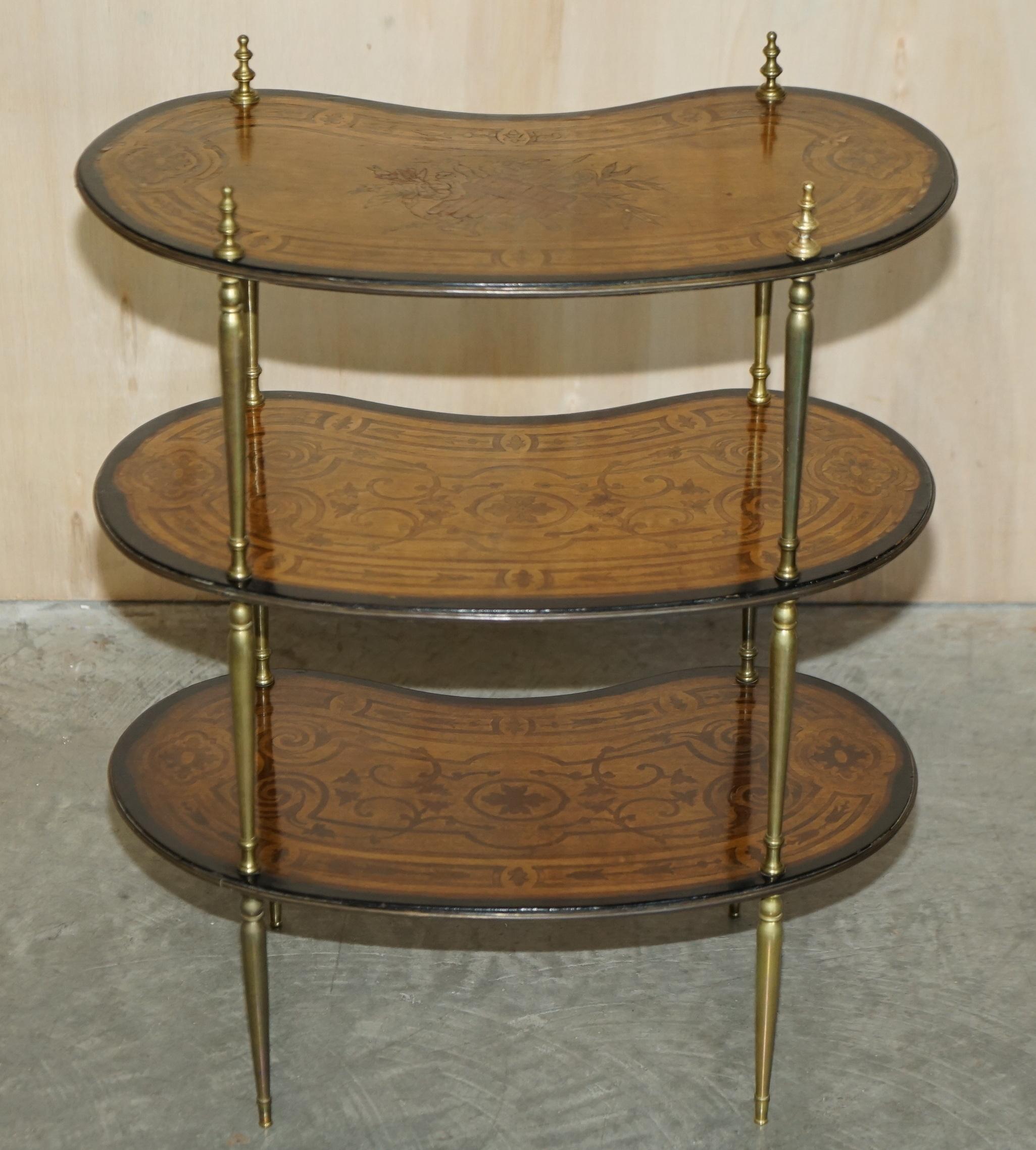Fine Pair of Antique Continental Three Tier Kidney Shaped Brass Etagere Tables For Sale 4