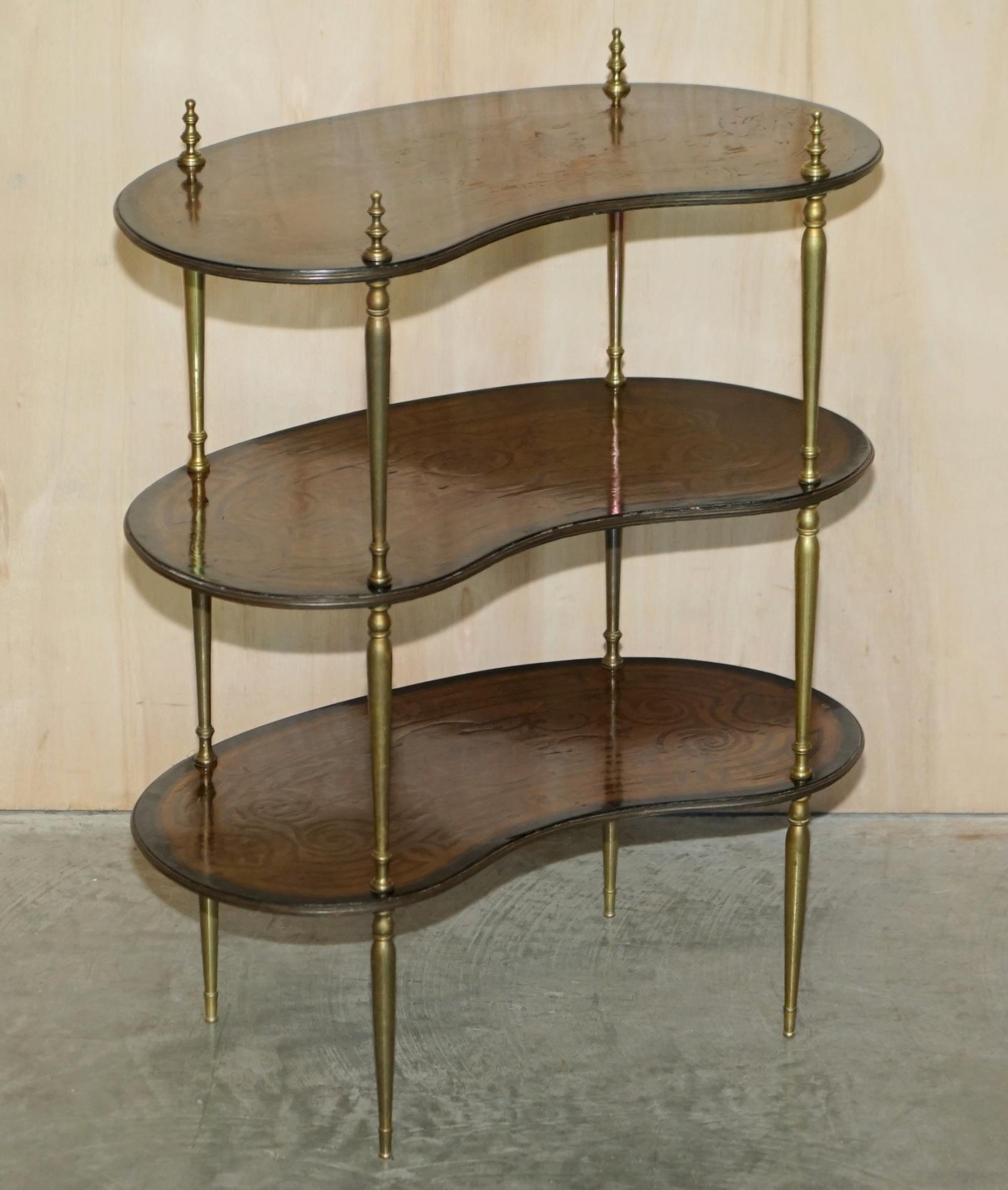 Fine Pair of Antique Continental Three Tier Kidney Shaped Brass Etagere Tables For Sale 6