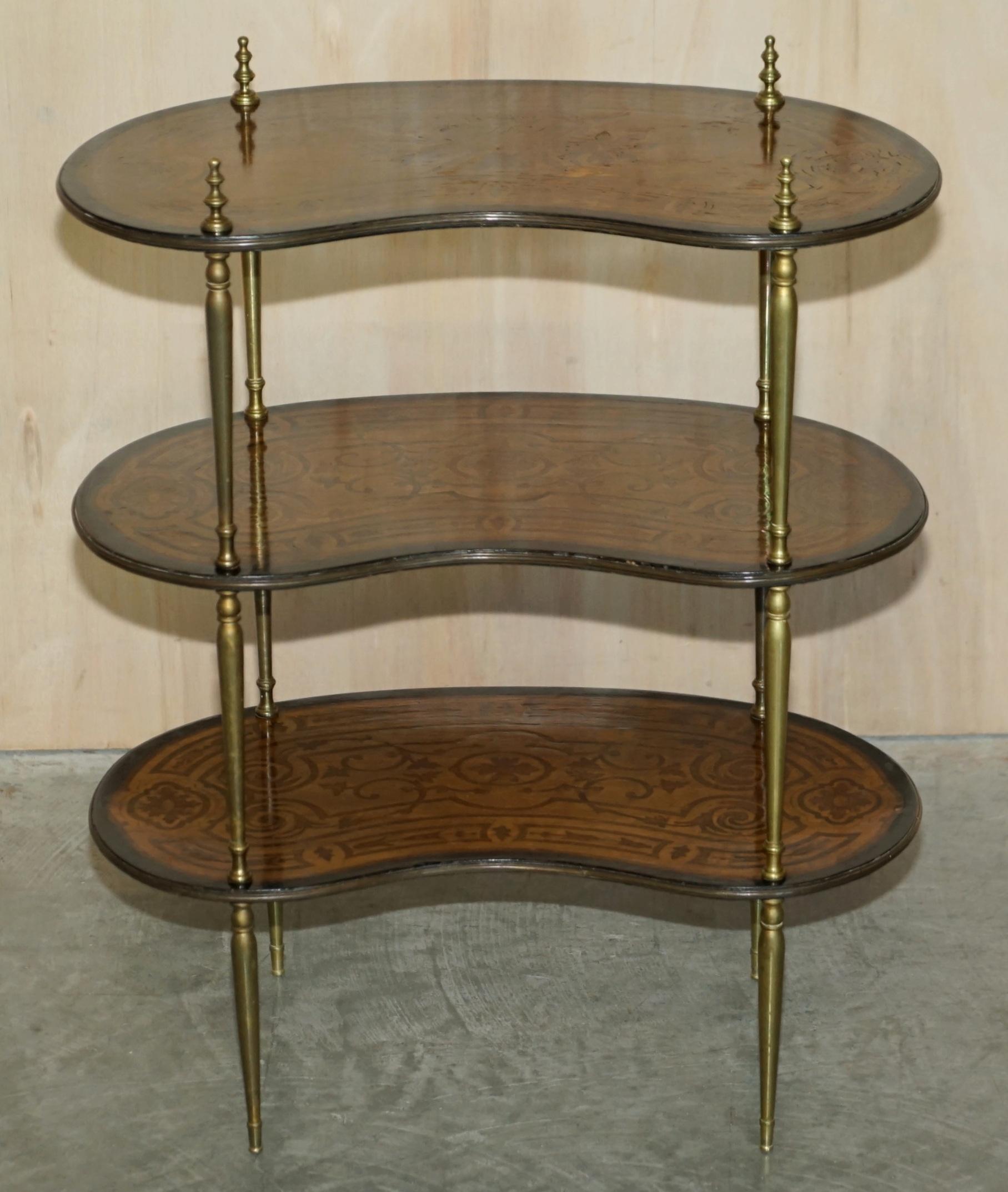 Fine Pair of Antique Continental Three Tier Kidney Shaped Brass Etagere Tables For Sale 7