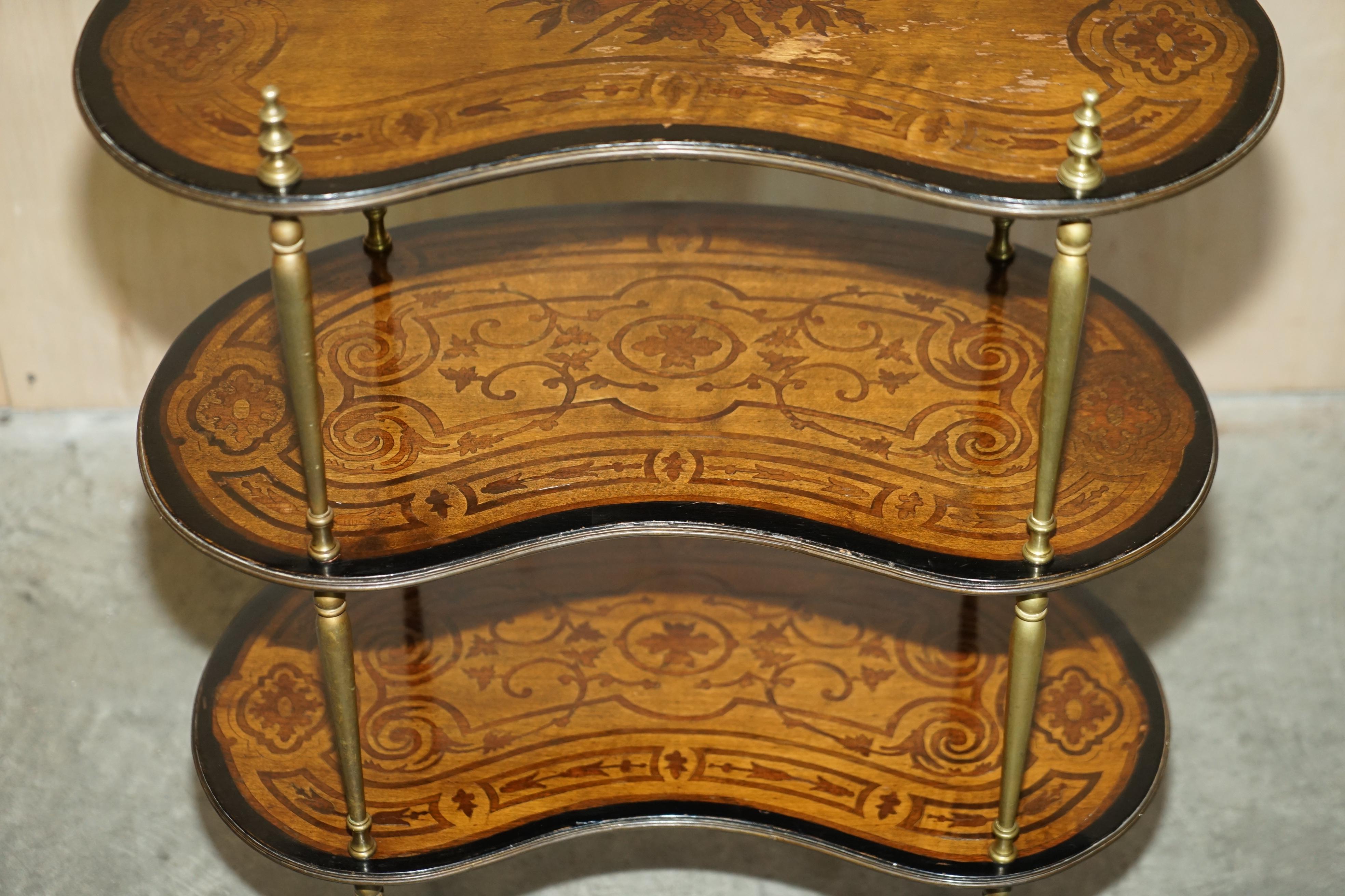 Fine Pair of Antique Continental Three Tier Kidney Shaped Brass Etagere Tables For Sale 9