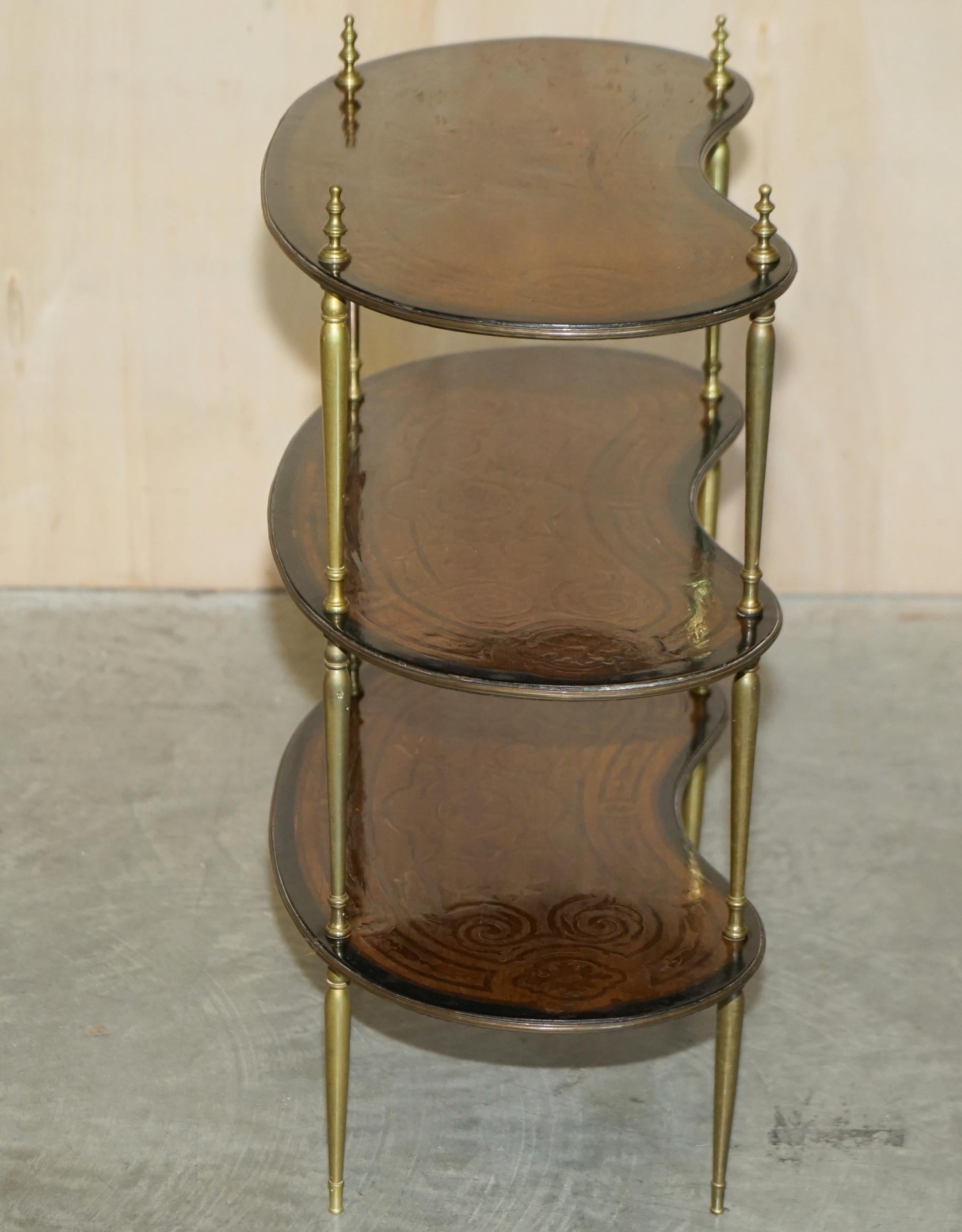 Fine Pair of Antique Continental Three Tier Kidney Shaped Brass Etagere Tables For Sale 11