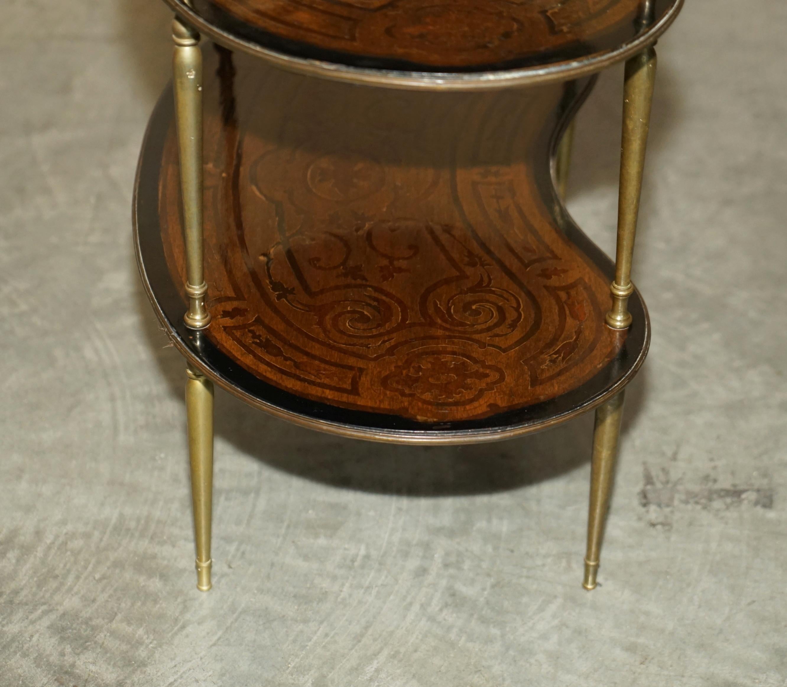 Fine Pair of Antique Continental Three Tier Kidney Shaped Brass Etagere Tables For Sale 12