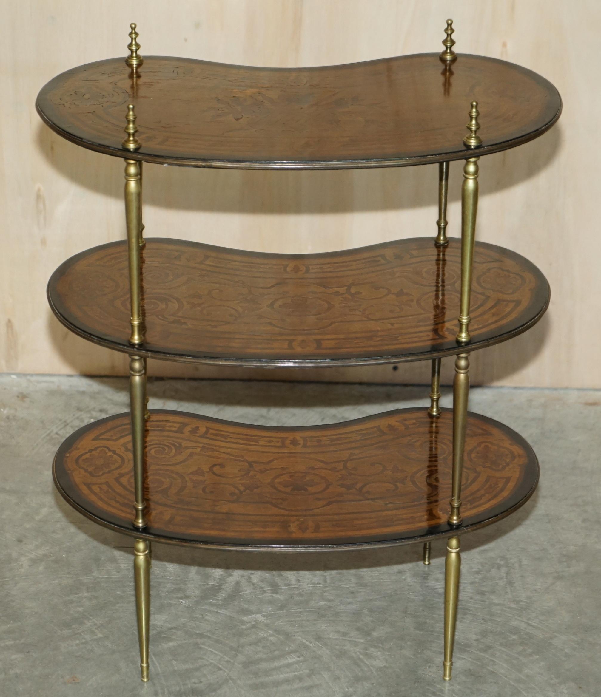 Fine Pair of Antique Continental Three Tier Kidney Shaped Brass Etagere Tables For Sale 14