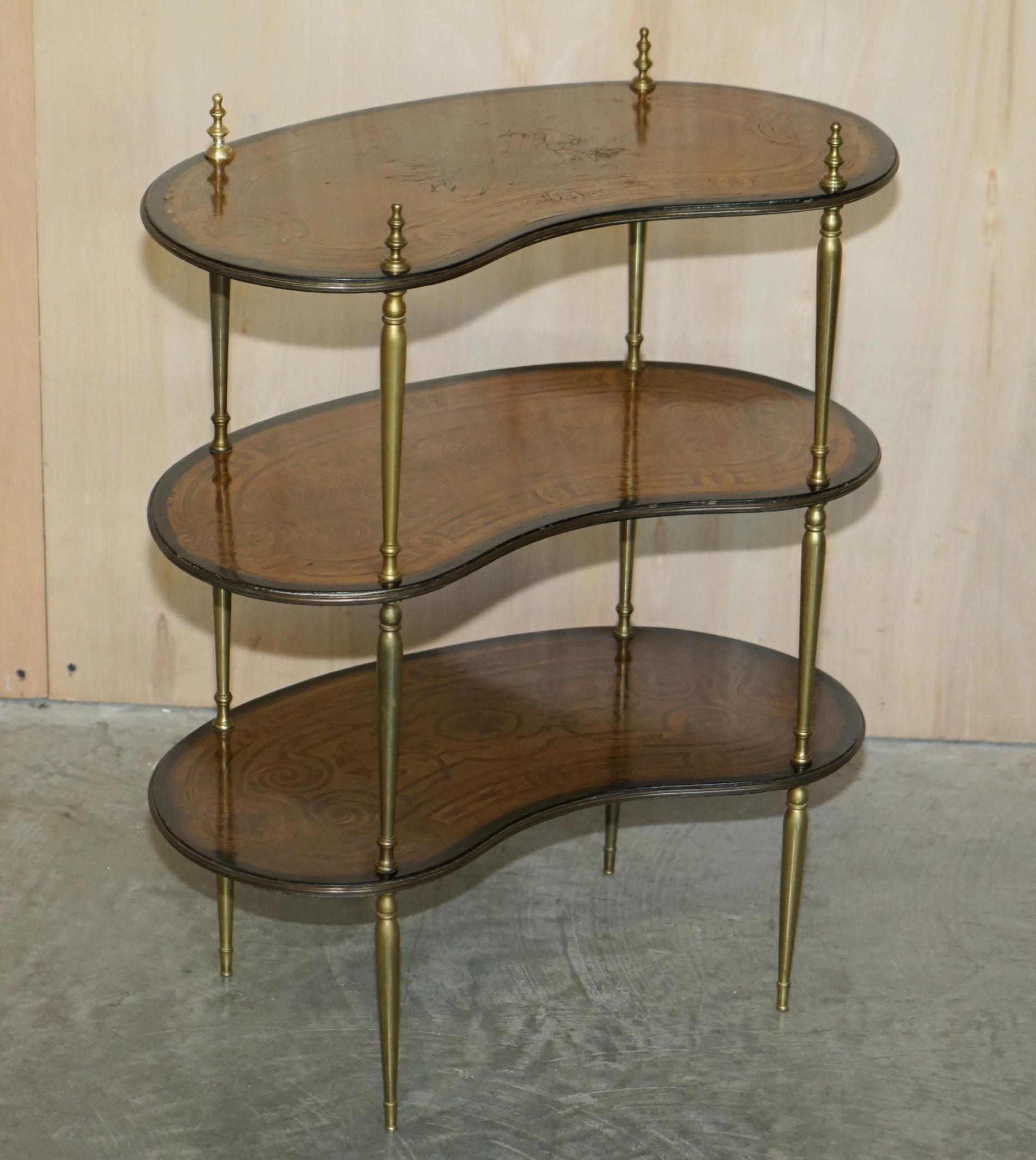 High Victorian Fine Pair of Antique Continental Three Tier Kidney Shaped Brass Etagere Tables For Sale