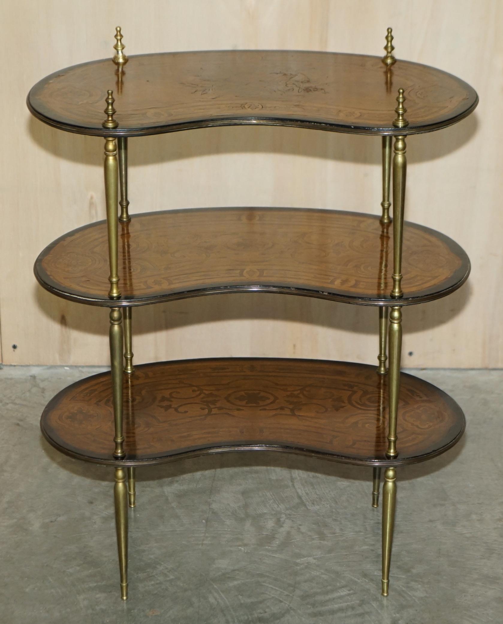 European Fine Pair of Antique Continental Three Tier Kidney Shaped Brass Etagere Tables For Sale