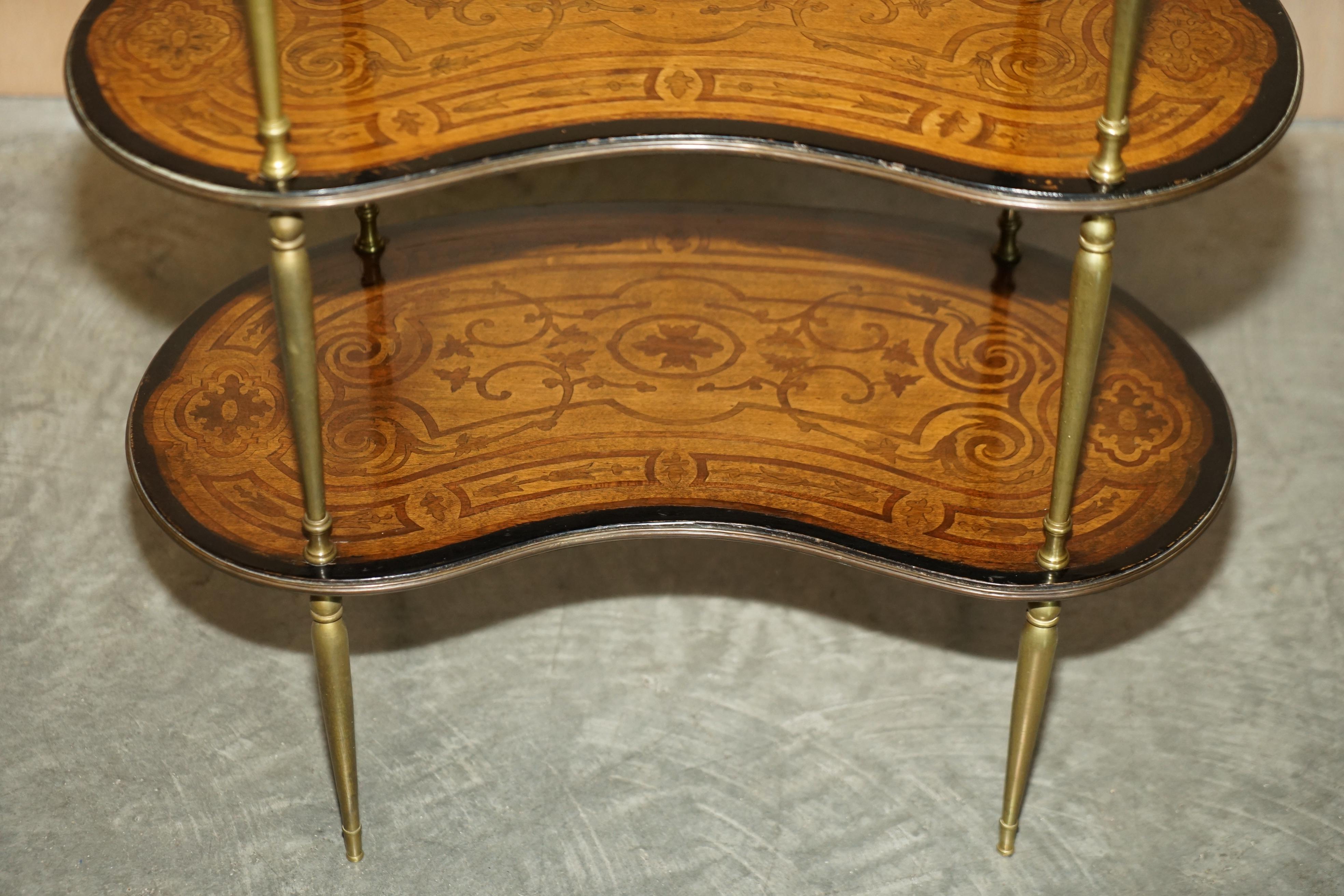Fine Pair of Antique Continental Three Tier Kidney Shaped Brass Etagere Tables For Sale 1