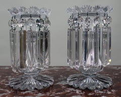 Fine Pair of Antique Cut Crystal Lustre Vases with Prism Drops