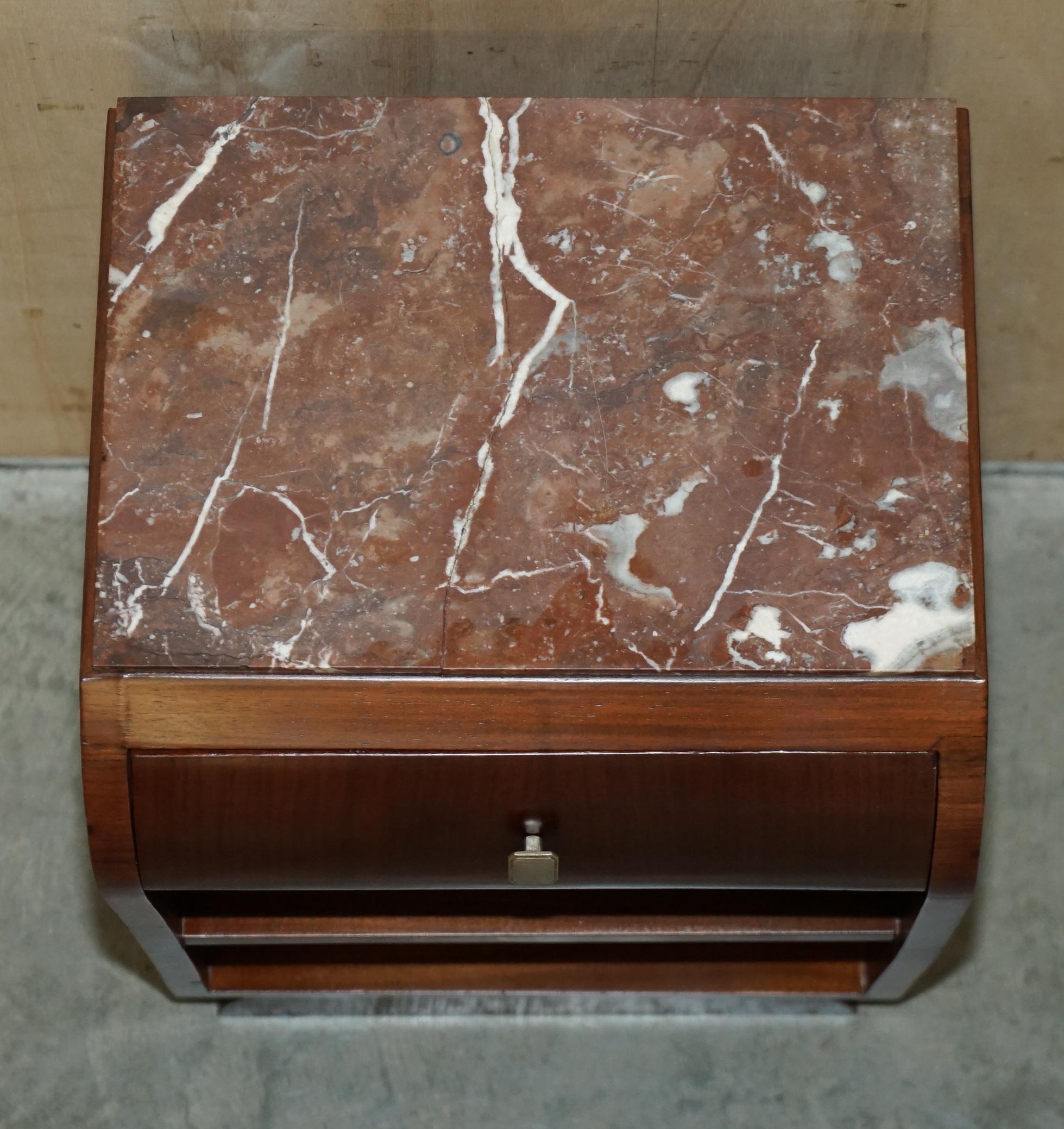 Fine Pair of Antique French Art Deco Hardwood & Marble Topped Bedside Tables For Sale 8