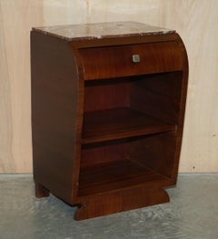 Fine Pair of Antique French Art Deco Hardwood & Marble Topped Bedside Tables