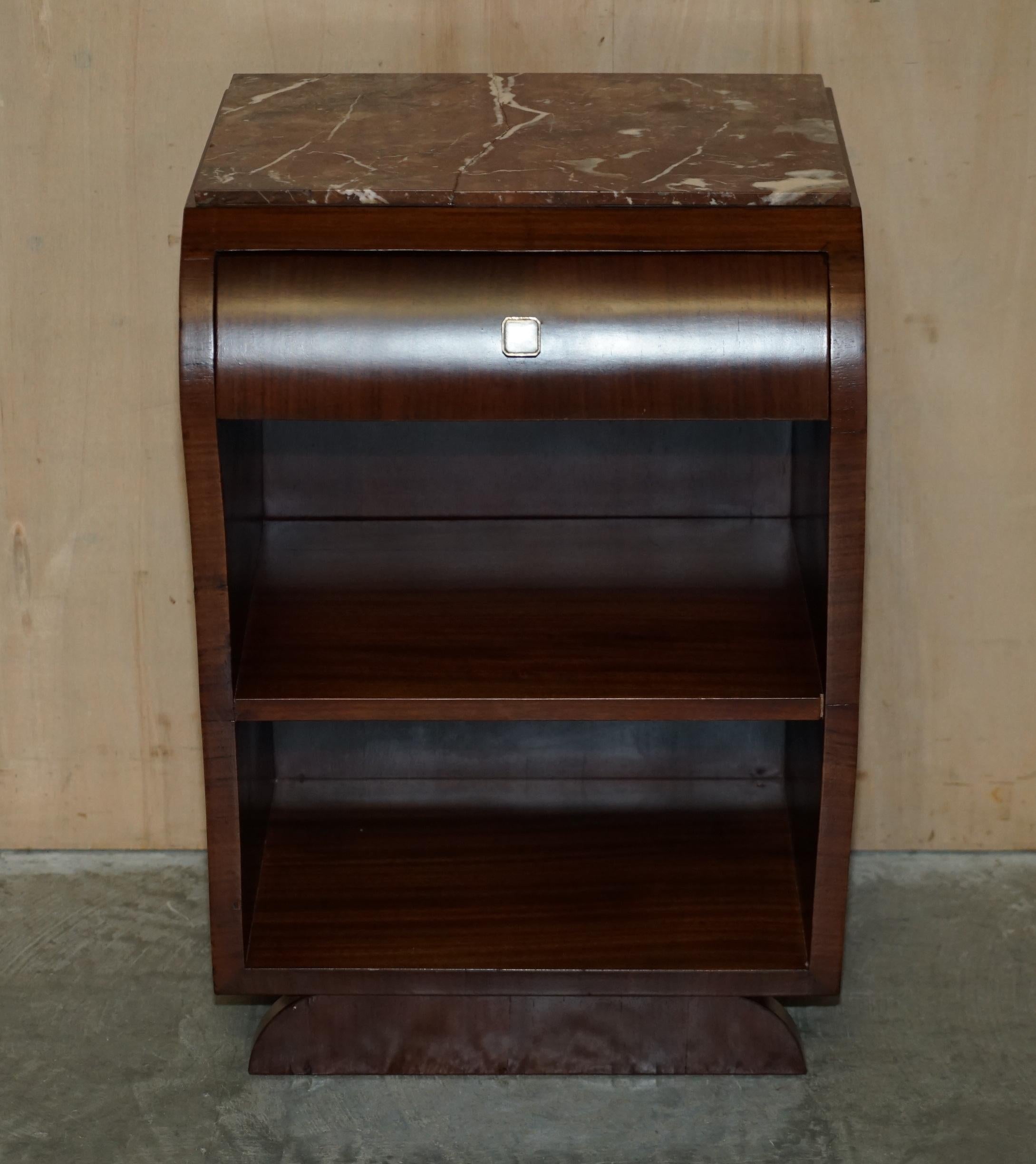 Hand-Crafted Fine Pair of Antique French Art Deco Hardwood & Marble Topped Bedside Tables For Sale