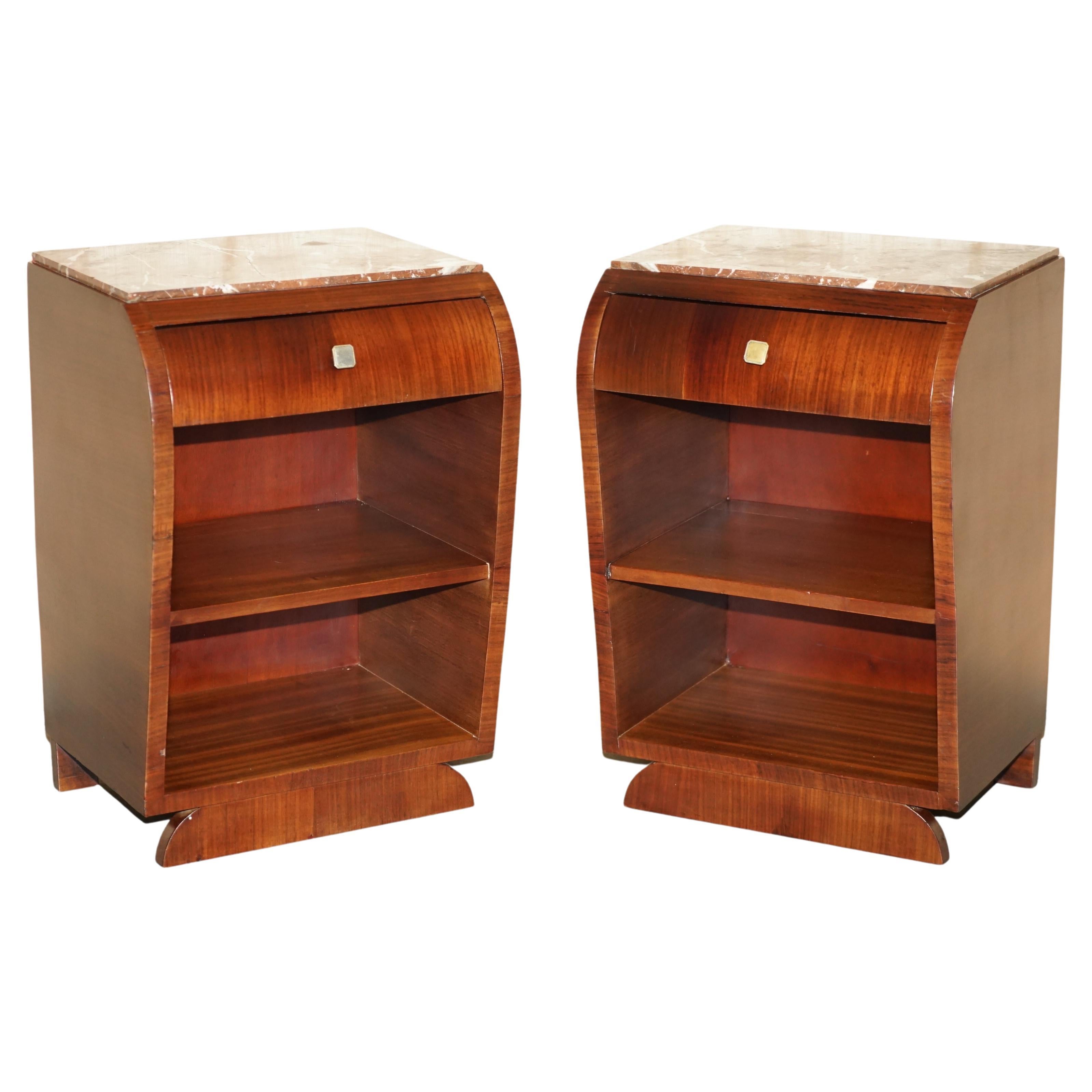 Fine Pair of Antique French Art Deco Hardwood & Marble Topped Bedside Tables For Sale