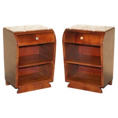 Fine Pair of Antique French Art Deco Hardwood & Marble Topped Bedside Tables