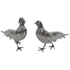 Fine Pair of Antique German Silver Strutting Pheasants