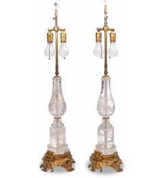 Fino Par de Lámparas Antiguas de Bronce Dorado y Cristal de Roca