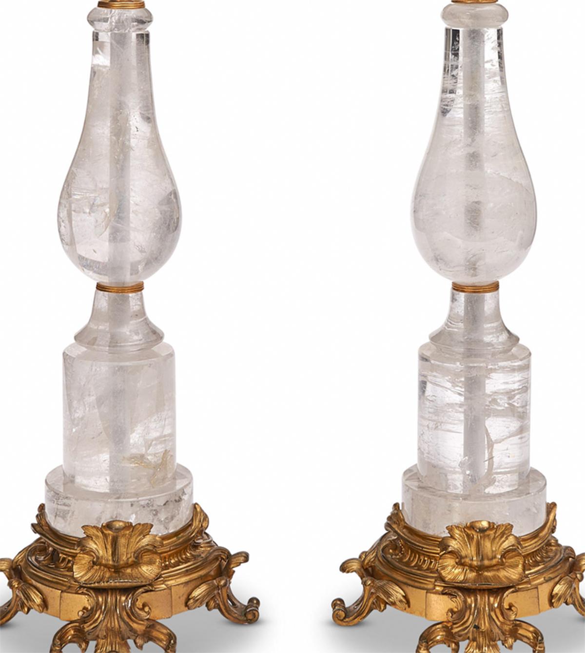 Paar antike Lampen aus vergoldeter Bronze und Bergkristall im Angebot 2