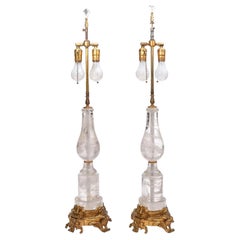 Paire de lampes anciennes en bronze doré et cristal de roche
