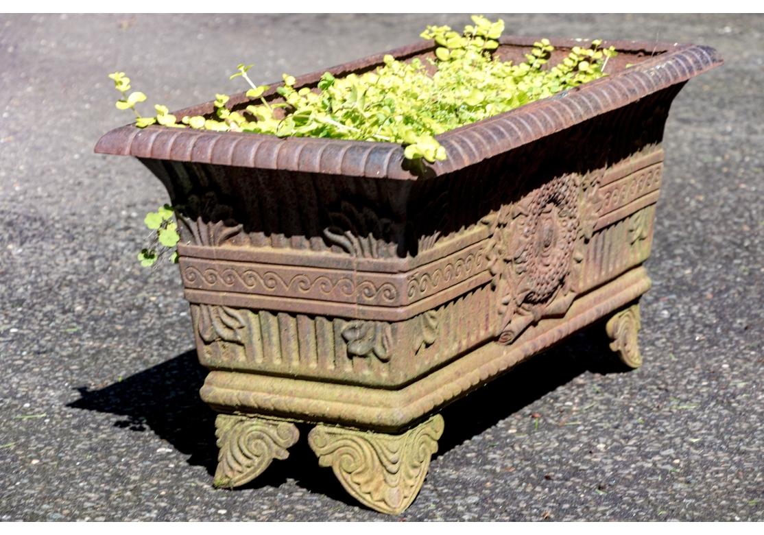 Paire de jardinières en fonte de forme rectangulaire. Les jardinières présentent un décor élaboré de rinceaux et de barres avec des couronnes centrales entourées de gerbes de feuilles. Sensation très solide avec un bon poids. 

Dimensions : 27,75