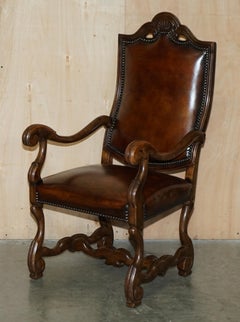 FINE PAIR OF ANTIQUE ITALIAN HAND DYED BROWN LEATHER RESTORED THRONE ARMCHAIRs