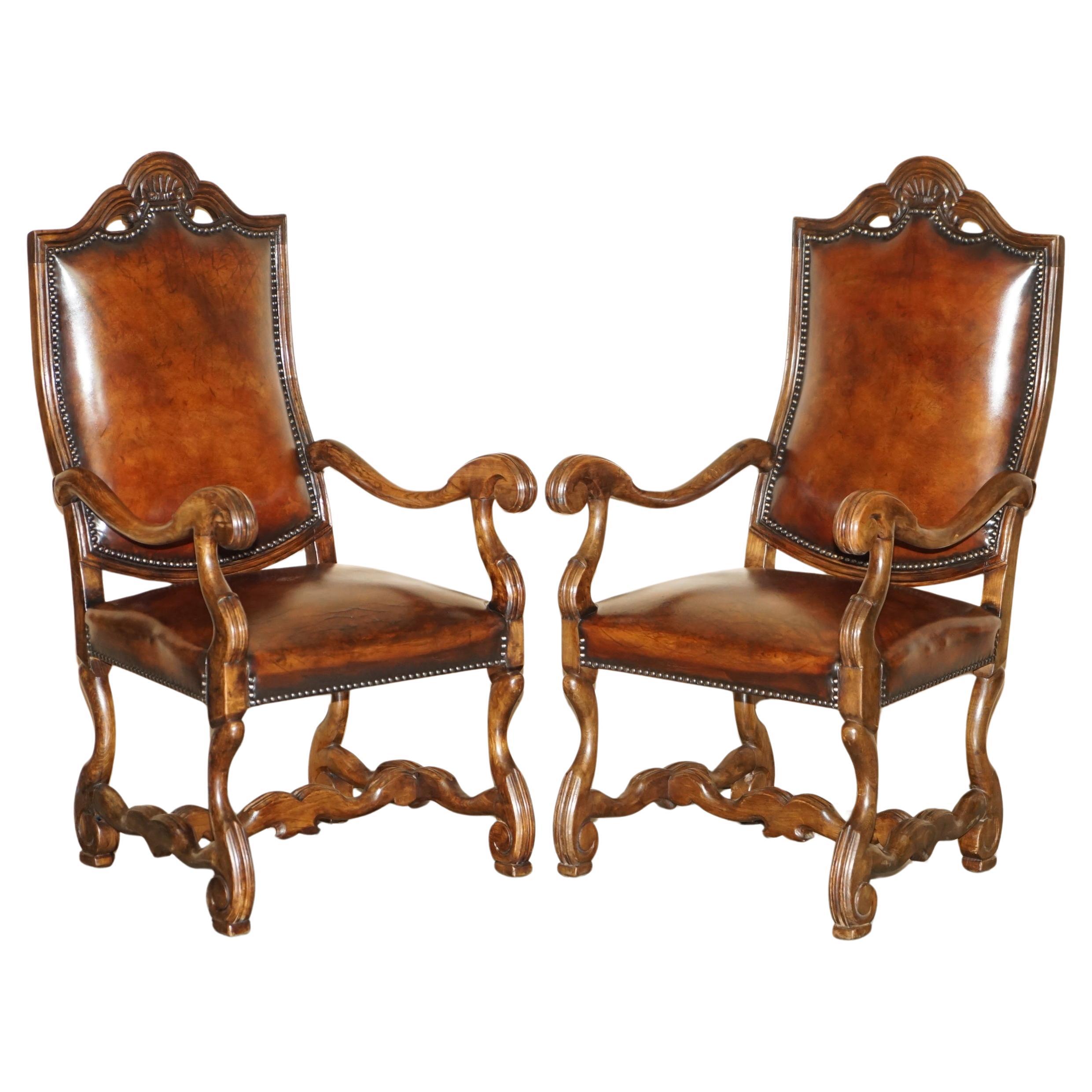 FINE PAIR OF ANTIQUE ITALIAN HAND DYED BROWN LEATHER RESTORED THRONE ARMCHAIRs