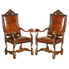 FINE PAIR OF ANTIQUE ITALIAN HAND DYED BROWN LEATHER RESTORED THRONE ARMCHAIRs