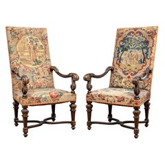 Fine Pair of Antique Jacobean Style Throne Chairs with Tapestry Upholstery