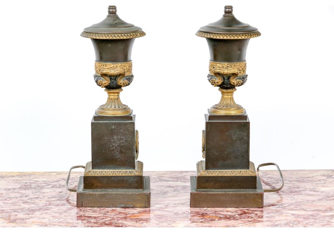 XX secolo Bella coppia di antiche lampade a urna neoclassiche in bronzo in vendita