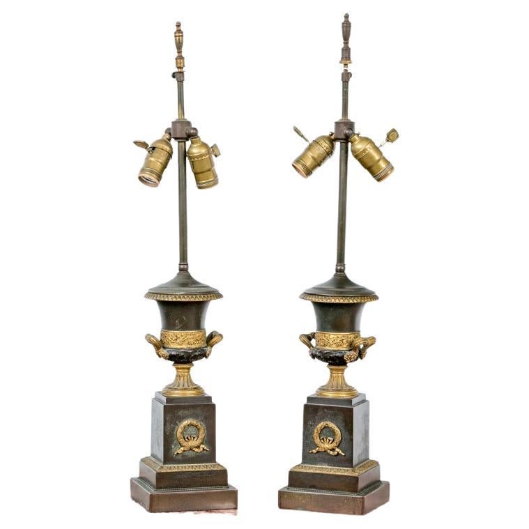 Fine Pair Of Antique Neoclassical Bronze Urn Lamps