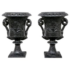Fine Pair of Antique Neoclassical Style Iron Garden Urns