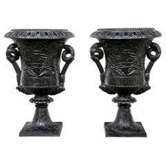 Fine Pair of Antique Neoclassical Style Iron Garden Urns