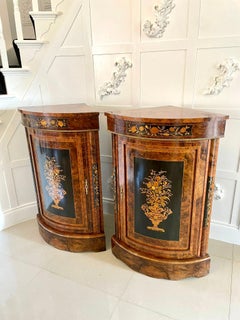 Fine Pair of Antique Quality Burr Walnut Marquetry Inlaid Corner Cabinets