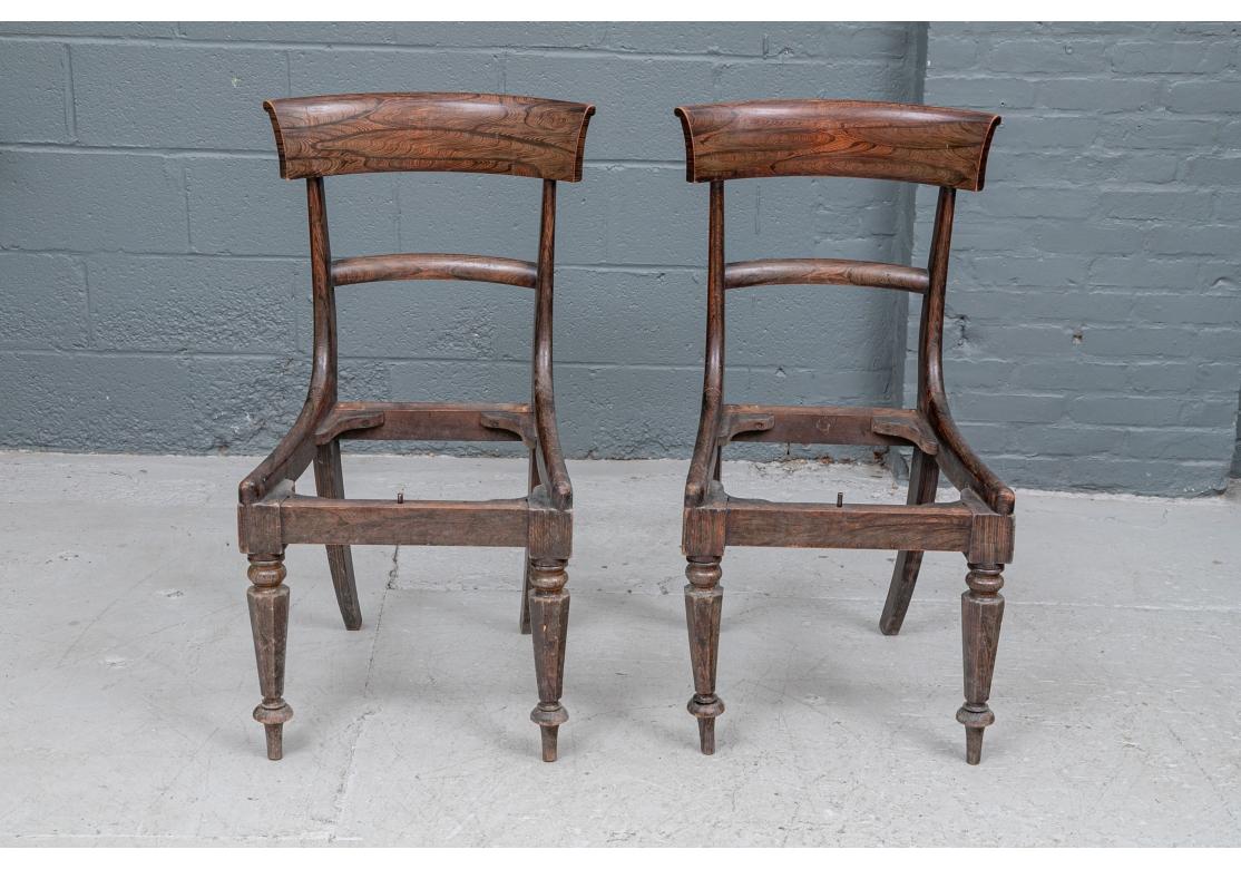 Restoration recommended. Extraordinary Rosewood Chair frame pair with many fine details; With an elegant  Classical form, handsome chosen wood with excellent color, well turned and carved legs and a great presentation. The Pair will require seats to