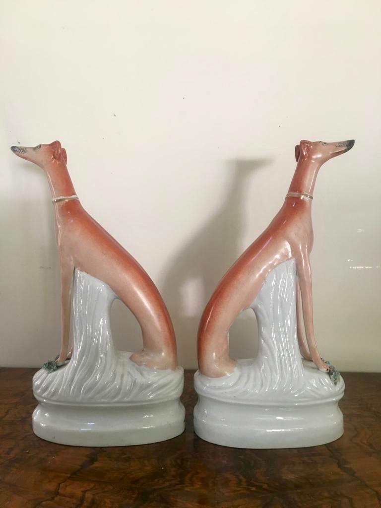 English Fine Pair of Antique Staffordshire Greyhounds For Sale