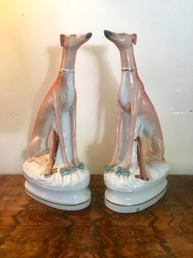 19th Century Fine Pair of Antique Staffordshire Greyhounds For Sale