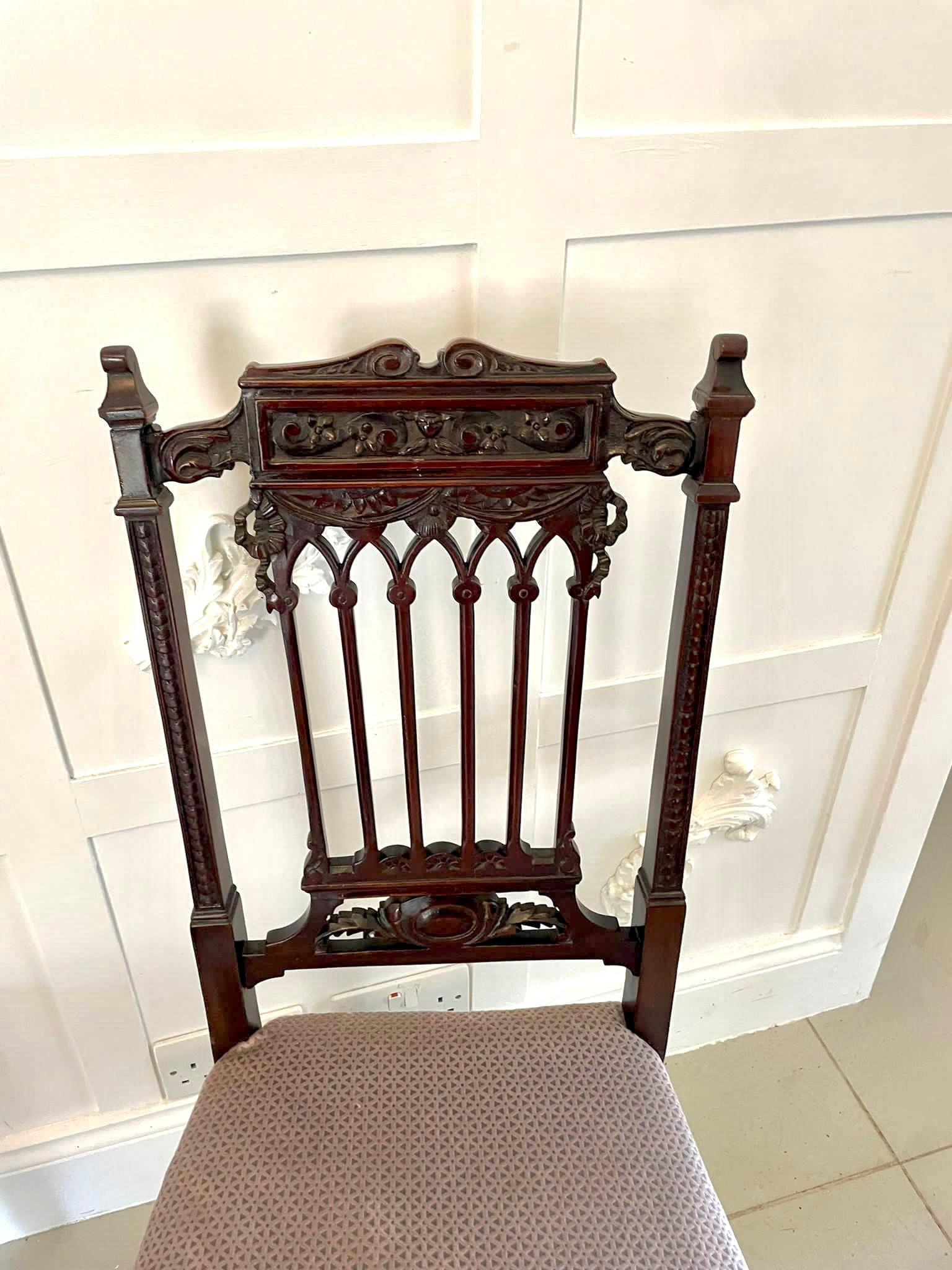 Fine Pair of Antique Victorian Carved Mahogany Side Chairs For Sale 4