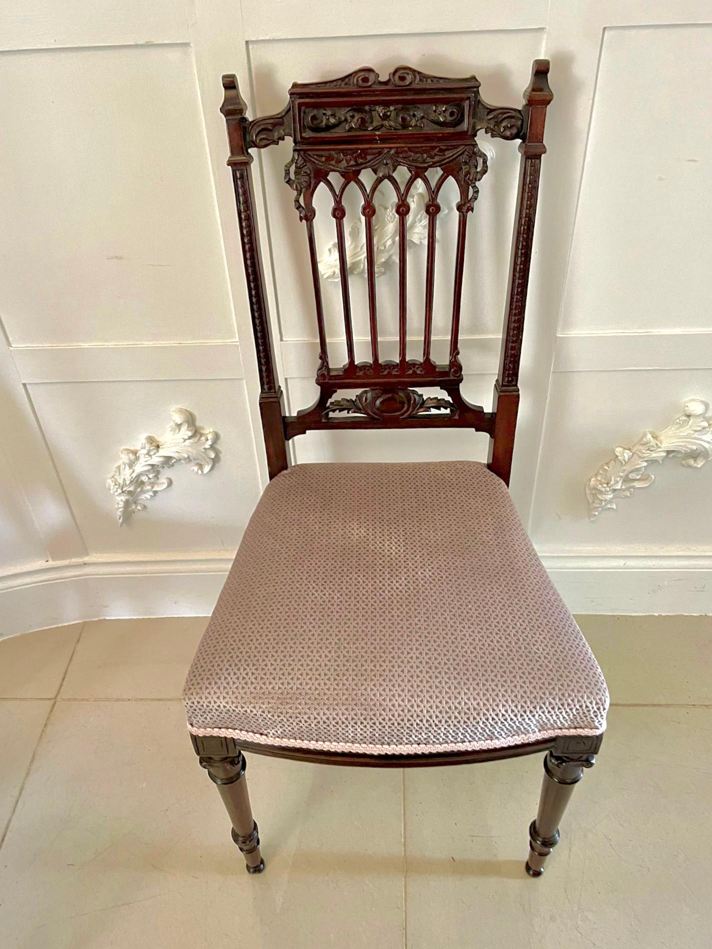 Fine Pair of Antique Victorian Carved Mahogany Side Chairs For Sale 2