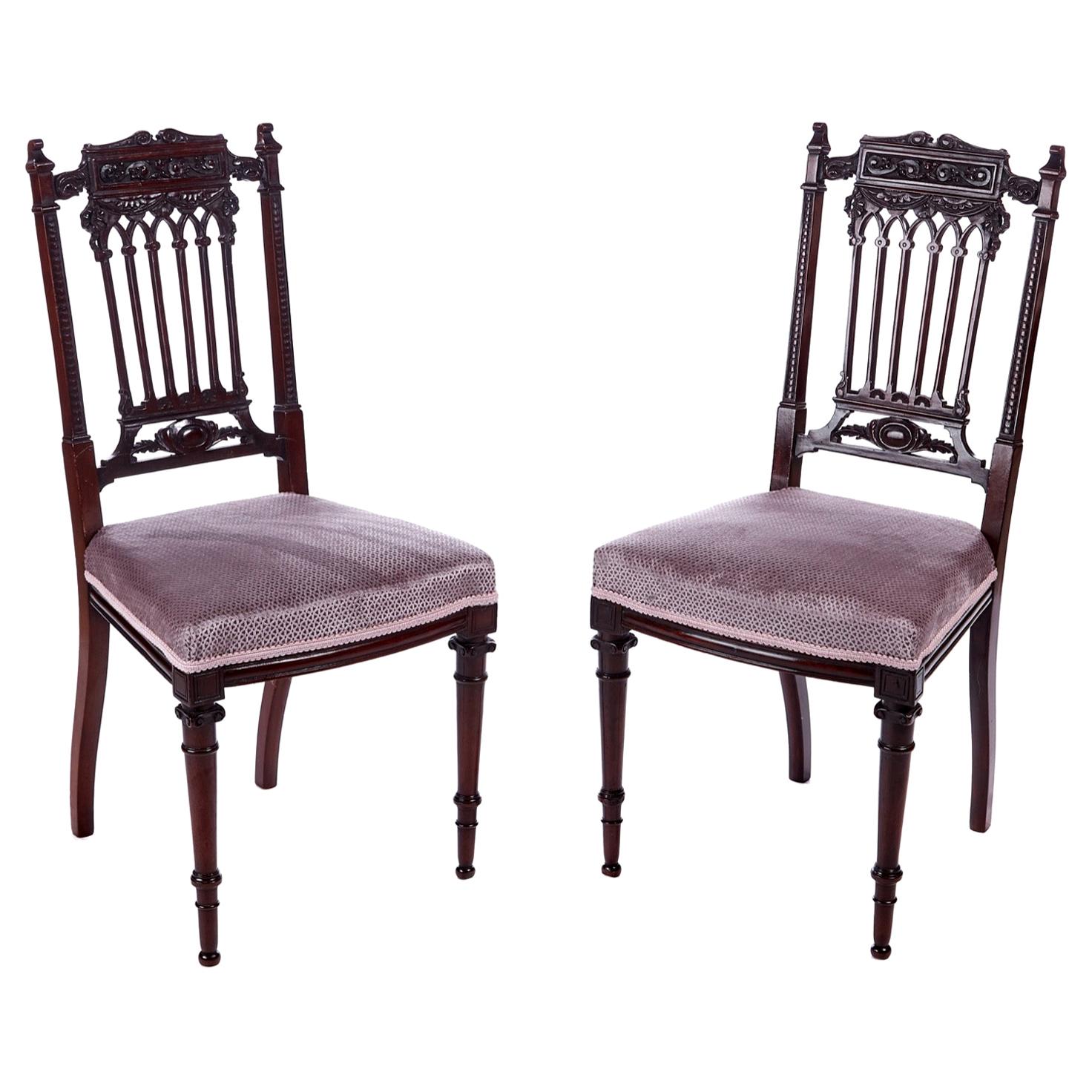 Fine Pair of Antique Victorian Carved Mahogany Side Chairs