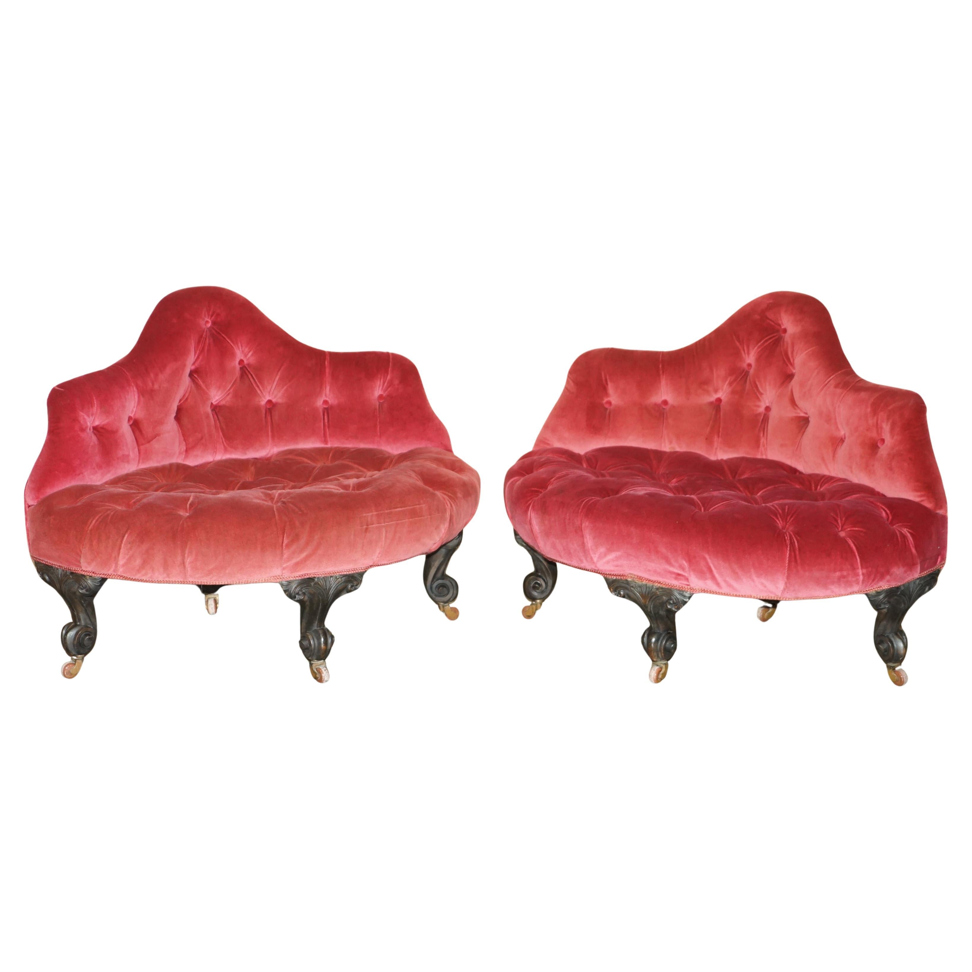 FINE PAIR OF ANTIQUE VICTORIAN CHESTERFIELD TUFTED WINDOW CONVERSATION CHAIRs