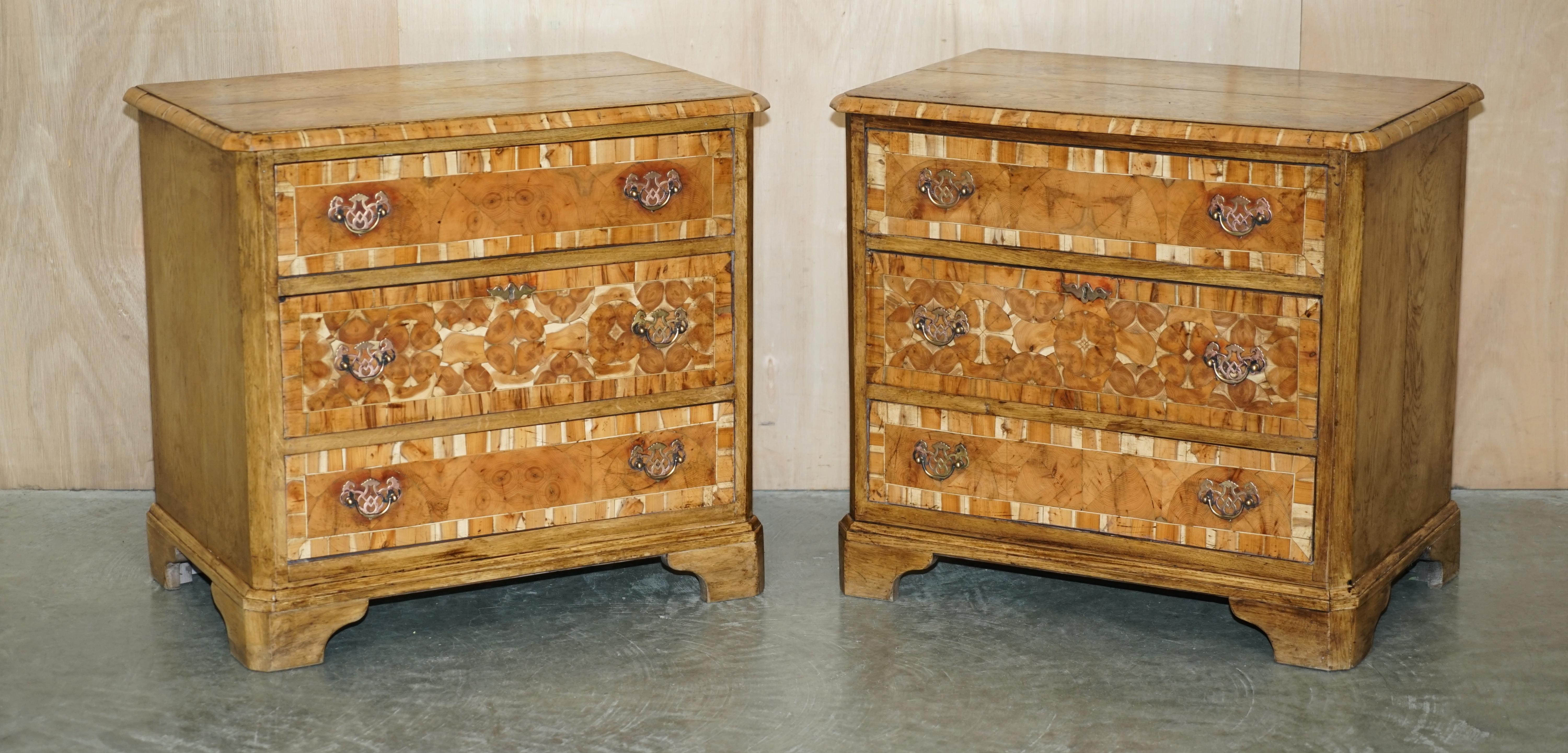 We are delighted to offer for sale this sublime Pine with Oyster / Laburnum wood finish which dates to the end of the William & Mary era circa 1700 pair of a large nightstand / small Chest of Drawers sized

Wow, I mean just wow..... These are