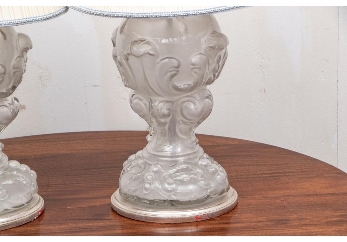 Fine Pair of Art Glass Lamps with Leaf Motifs After Lalique For Sale 1