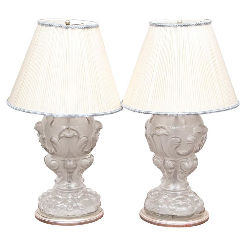 Fine Pair of Art Glass Lamps with Leaf Motifs After Lalique For Sale