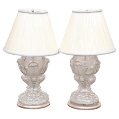 Fine Pair of Art Glass Lamps with Leaf Motifs After Lalique