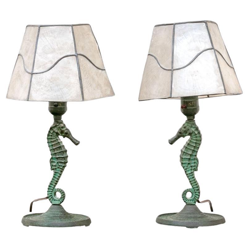 Fine Pair Of Arts And Crafts Era Bronze Sea Horse Lamps For Sale