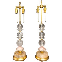 Fine Pair of Baguès Mid-Century Modern Rock Crystal Pink Quartz Giltwood Lamps