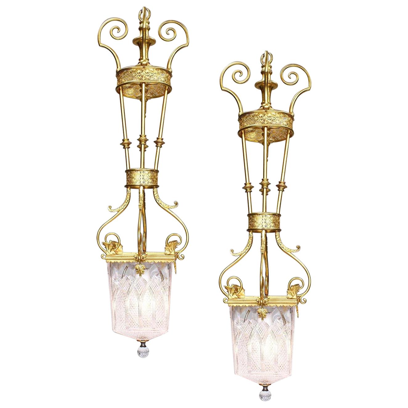Fine Pair of Belle Époque Neoclassical Style Gilt-Metal and Cut-Glass Lanterns